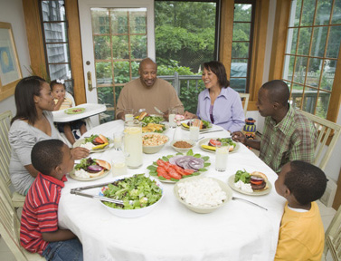 family enjoying healthy food