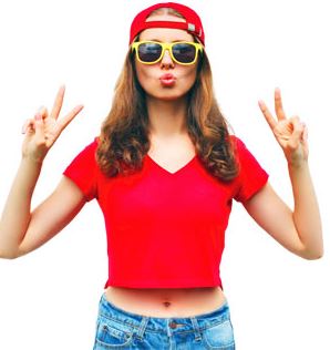Young adult dressed in red giving peace sign