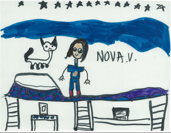 Kids' drawing of themselves on their bed with a cat