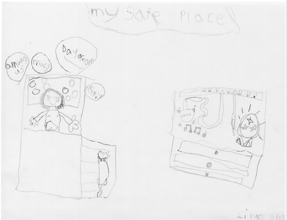 Kids' drawing of a girl laying in bed with a cat beside it and a dresser