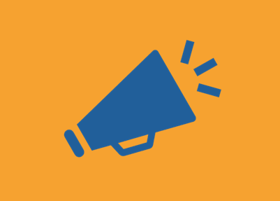 Dark blue speech bubble with a megaphone in the center, set against a orange background, symbolizing an alert or important message.