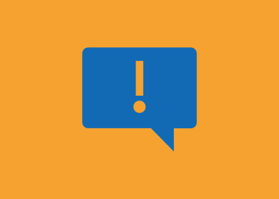 Dark blue speech bubble with an exclamation mark in the center, set against a orange background, symbolizing an alert or important message.