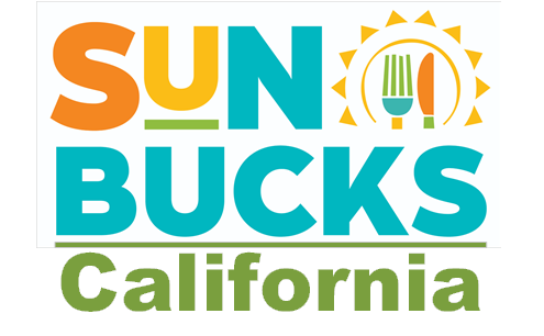 Colorful logo featuring a simple sun graphic encircling a fork and knife graphic, representing SUN Bucks.