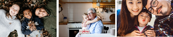 Three side-by-side pictures of different small families smiling