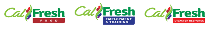 Logo banner displaying CalFresh Food, CalFresh Employement & Training, CalFresh Disaster Response Logos