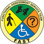 Functional Assessment Service Team Logo - hands doing sign language, stick person walking with a cane, disabled stick figure in a wheelchair, question mark