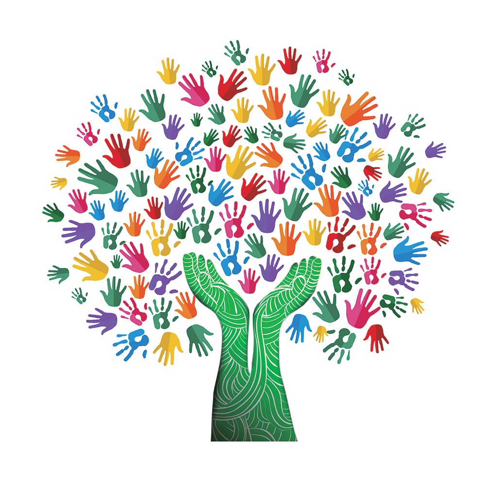 Illustration of a tree with colorful hand prints for leaves