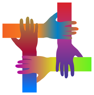 Four multicolor hands and forearms holding each other to create a square illustration