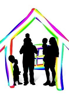 Black silhouette of a family facing the father silhouette in a multicolor stick house illustration