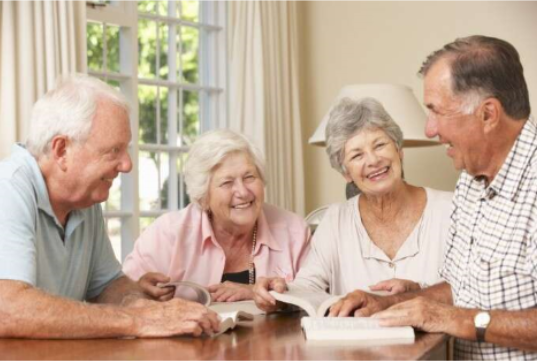 Group of people sitting at a table speaking.