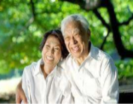 Couple sitting on a bench in a park.