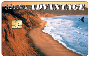Image of a Golden State Advantage card. The card features a photograph of a coastline with cliffs and a beach, and ocean waves under a sunset sky. The words Golden State ADVANTAGE are written at the top. The card includes a chip on the left side and a contactless payment symbol on the right side.