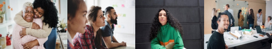 Photo Banner Collage of different people: young woman hugging grandma, young people sitting at a table listening, woman posing in front of brick wall, office workers in conference room brainstorming