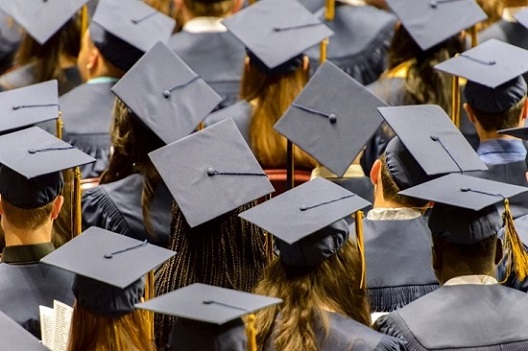 Crowd of college graduates from behind with their grad caps and gowns on