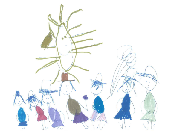 Kids' drawing of a family holding hands under the smiling sun