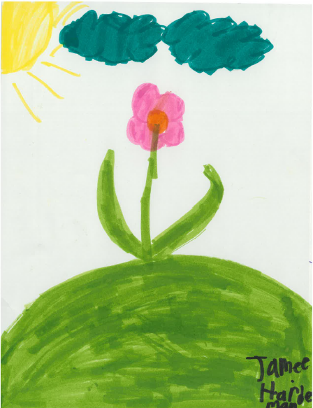 Kids' drawing of a flower growing from the ground under the sun