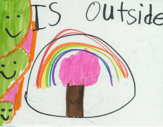 Kids' drawing of a rainbow over a pink tree
