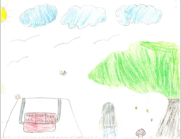 Kids' drawing of a girl outside under a tree by a swingset and a bee flying in the air