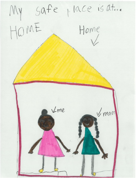 Kids' drawing of herself and mom in their house