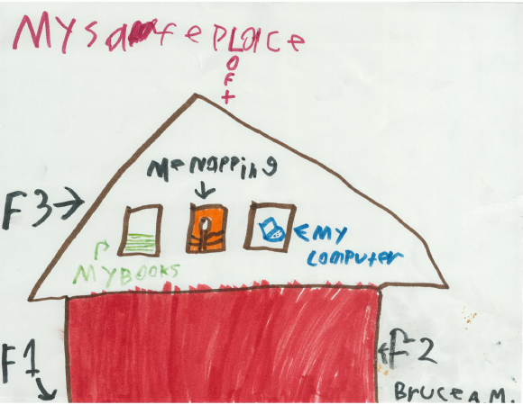 Kids' drawing of himself napping in his home and his computer