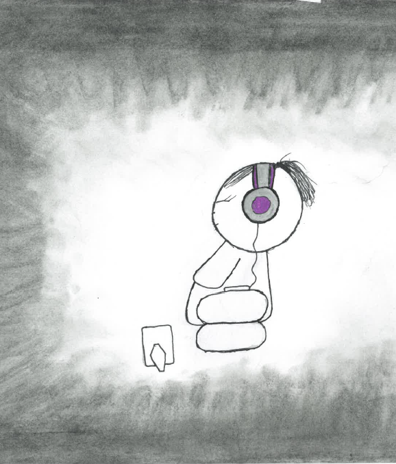 Kids' drawing of a girl sitting and listening to music with headphones on