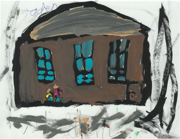 Kids' drawing of a child and parent standing outside a house