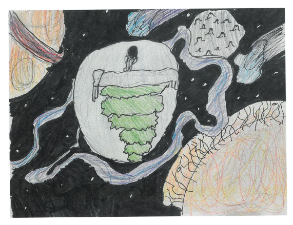 Kids' drawing of an astronaut standing on a planet looking out at the solar system