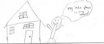 Kids' drawing of a stickfigure in fron of a house