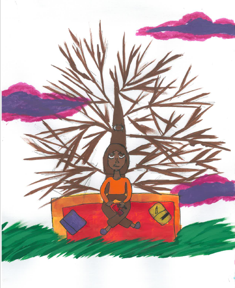 Kids' drawing of their safe space outside on a blanket under a tree