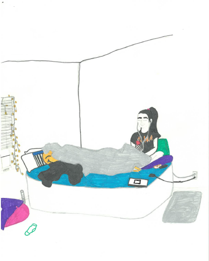 Kids' drawing of their safe space inside their room listening to music on the bed