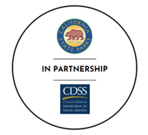 Circle featuring logos of California State Parks (above) and CDSS logo (below) in partnership