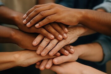 Diverse group of people joining hands together, representing community support for benefits and services